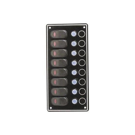 Tableau électrique étanche en aluminium noir avec interrupteurs à bascule éclairés par LED et disjoncteurs étanches de 15 A